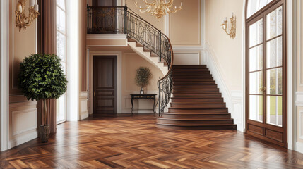 Obraz premium Elegant entryway with wooden herringbone floor and stunning staircase