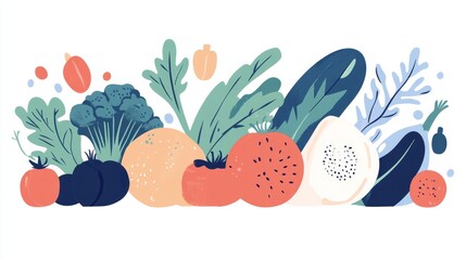illustration of organic vegetables with a focus on fresh ingredients like broccoli and tomatoes