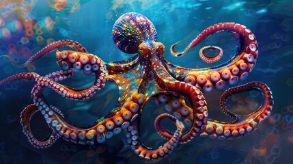 A Vibrant Octopus with Iridescent Skin and Numerous Tentacles