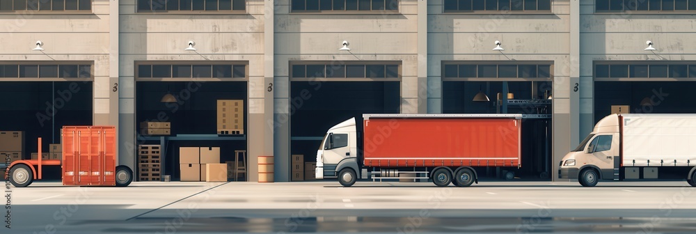 Poster several trucks and vans are parked in front of a warehouse, lined up for loading with goods ready fo