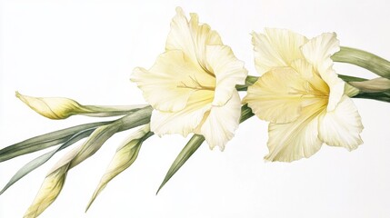 Fototapeta premium A graceful watercolor painting featuring two delicate yellow gladiolus flowers with soft, flowing petals and green stems, evoking serenity and natural beauty.