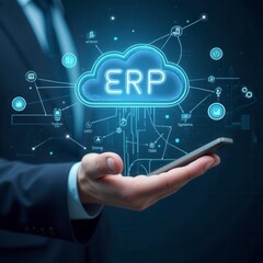 Cloud ERP enterprise resource planning concept businessman managing data with cloud computing for HR and business resources