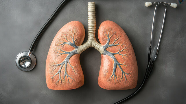A model of human lungs alongside a stethoscope, illustrating respiratory anatomy and health.