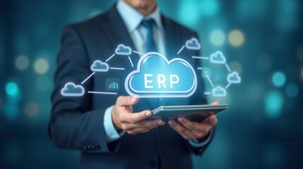 Fototapeta premium Cloud ERP enterprise resource planning concept businessman managing data with cloud computing for HR and business resources