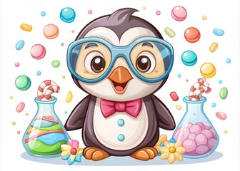 Adorable Penguin in Scientist Outfit with Goggles and Candy Beakers Perfect for Playful Imagery