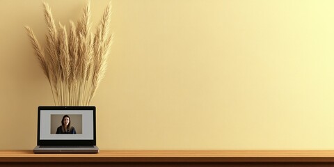 A laptop with a video call on the screen sits on a wooden table in front of a yellow wall with a bouquet of dried pampas grass.