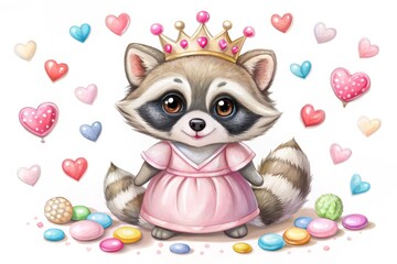 Fototapeta premium Adorable Raccoon Dressed as a Princess with Tiara in a Whimsical Forest Setting for Cute Imagery