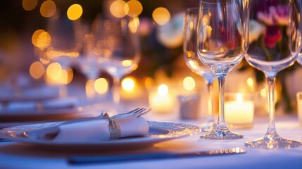 Corporate gala setup with candlelit tables, sophisticated tableware, and elegant floral decor, isolated on white
