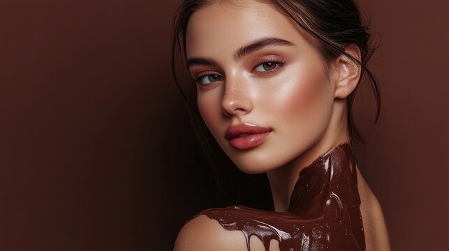 A striking portrait of an elegant woman with glossy skin, adorned with a smooth layer of chocolate on her shoulder, embodying sensuality and sophistication.