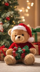 Adorable Teddy Bear Dressed in Christmas Decorations Sitting in Front of a Festively Decorated Tree, Creating a Cozy Holiday Atmosphere with Gifts and Soft Lighting