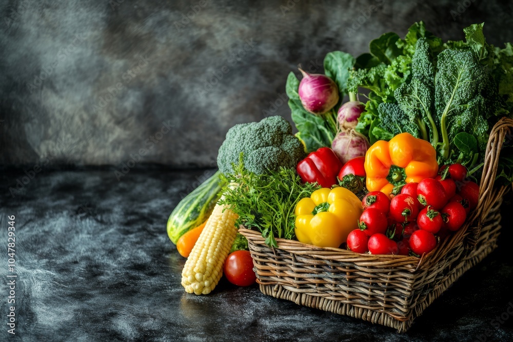 Wall mural freshly harvested vegetables in a woven basket arranged on a dark surface for healthy cooking inspir