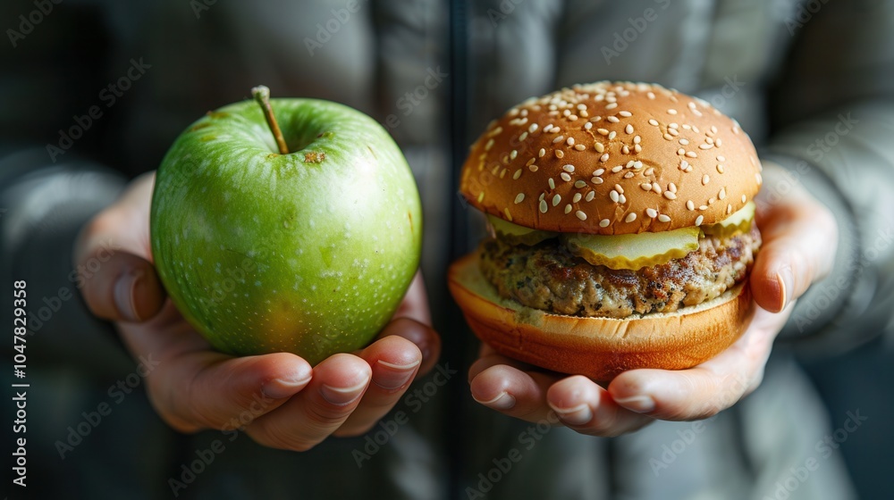 Poster a hand holds a green apple while the other hand presents a hamburger, showcasing the difference betw