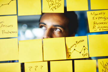 Thinking, businessman and planning in presentation with sticky notes, contemplating and creativity....