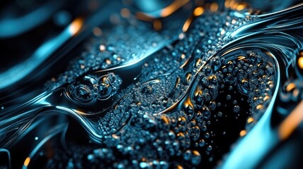 Abstract Close-up of Shiny Blue Liquid with Bubbles and Swirls