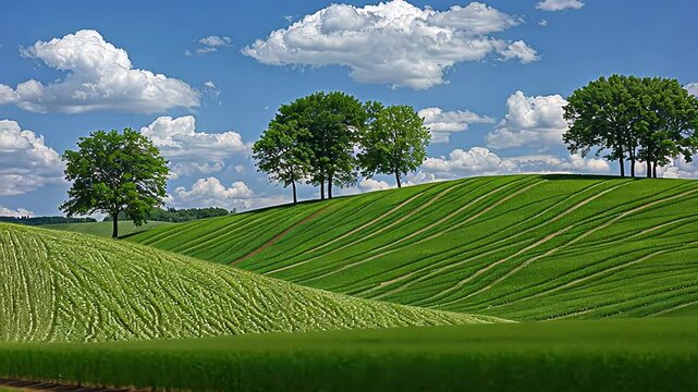 Lush green rolling hills with patterned rows and scattered trees under a vibrant blue sky, capturing the beauty of a pastoral landscape
