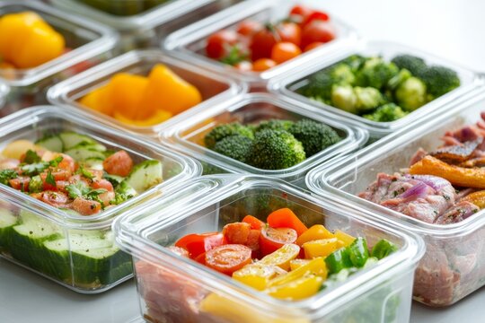 Healthy meal prep containers filled with fresh vegetables and protein arranged on a kitchen counter for convenient dining options