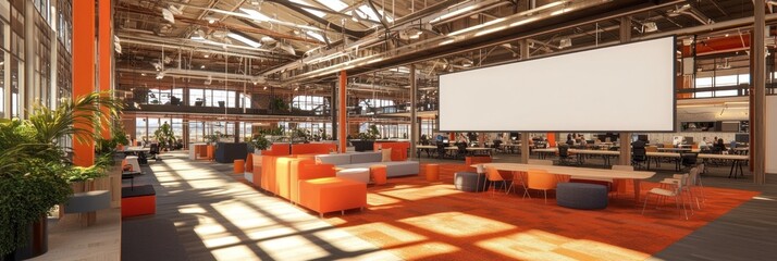 Fototapeta premium Modern open-plan office space with large screen, colorful furniture and sunlight streaming through the windows.
