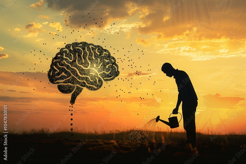 Poster a silhouette of a man waters a tree that resembles a human brain, highlighting the concept of nurtur