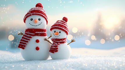 Obraz premium Charming snowmen enjoy a snowy park day, radiating warmth and joy as they stand proudly against a dreamy winter backdrop with soft glows.