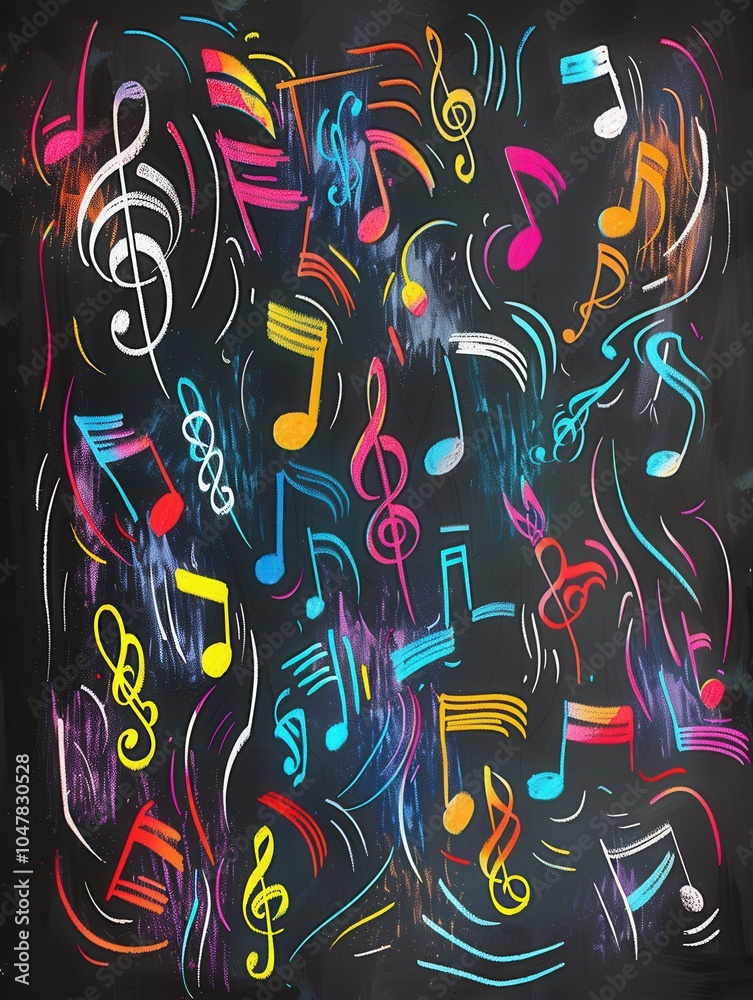 Aufkleber the chalkboard displays bright brushstrokes intertwined with various musical notes, enhancing the cr