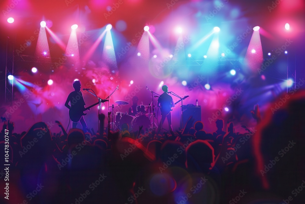 Poster an exciting live music concert showcases talented musicians performing on stage while an enthusiasti