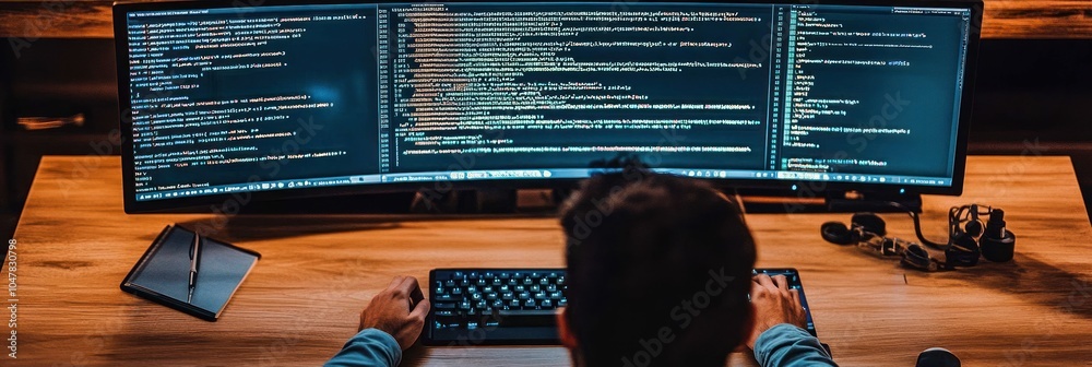 Wall mural rear view of programmer working on code at night in home office.