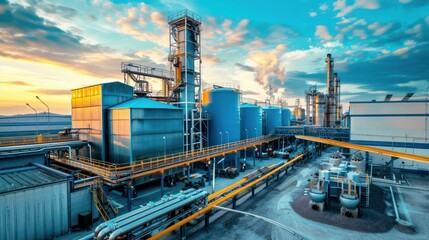 Fototapeta premium Industrial Complex at Sunset with Silhouettes of Tall Towers and Pipes