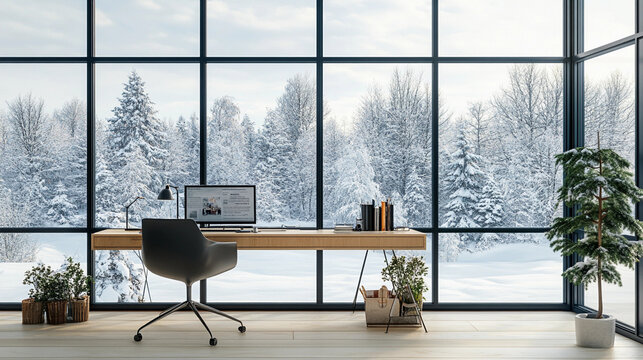 Zoom Background office with winter view