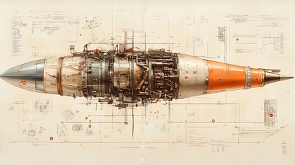 A detailed illustration of a rocket engine, showing its intricate inner workings, set against a backdrop of technical blueprints.