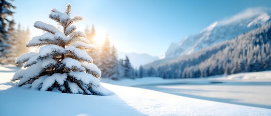 Breathtaking landscape of snow capped pine trees lining the edge of a steep mountain slope with a frozen river winding through the valley below  Serene and natural scenery