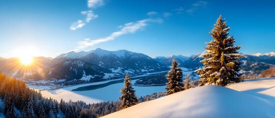 Breathtaking winter landscape featuring snow covered pine trees on the edge of a steep mountain slope with a frozen river winding its way below in the tranquil valley
