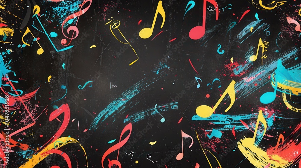 Poster vibrant brushstrokes intertwine with musical symbols on a black chalkboard, creating an inspiring an