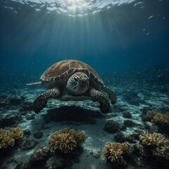 Obraz premium Beautiful Turtle at the floor of the ocean. Image made using Generative AI.
