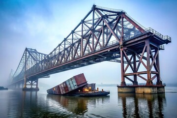 Symmetrical large broken iron bridge on container ship during fog