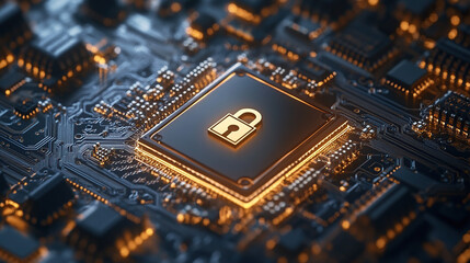 3D rendering of an icon on a chip with a padlock symbol floating over a computer circuit board background