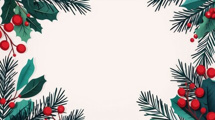 Fototapeta premium Holiday-themed frame with red berries and green leaves on a white background.