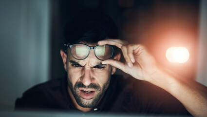Night, confused businessman work in glasses and shock, angry or frustrated with screen, online...