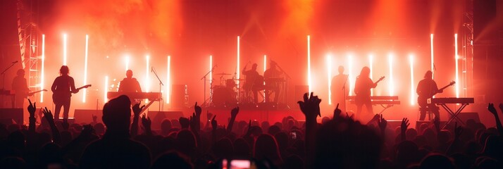 Obraz premium An electrifying concert atmosphere unfolds as musicians perform on stage, illuminated by brilliant lights, while the enthusiastic crowd cheers. Generative AI