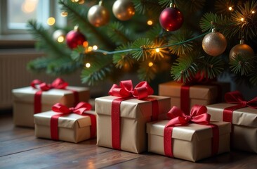 Festively wrapped presents beneath a decorated Christmas tree with ornaments and warm lights in a cozy room