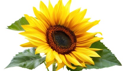 Fototapeta premium Close-up of a Single Sunflower with Yellow Petals and Green Leaves