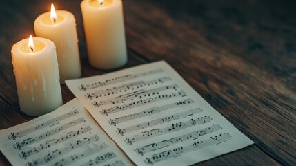 Sheet music with candles glowing softly on a wooden surface, creating a cozy atmosphere.