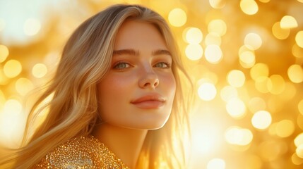 Fototapeta premium A young woman with long blonde hair smiles softly, illuminated by golden bokeh lights during sunset outdoors in a festive atmosphere.