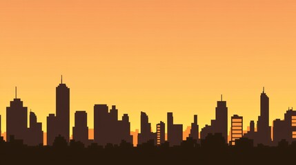 A silhouette of a city skyline against an orange sunset.