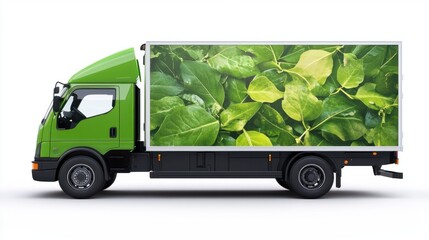 Electric delivery truck with environmental graphics, promoting green logistics solutions, isolated on white background