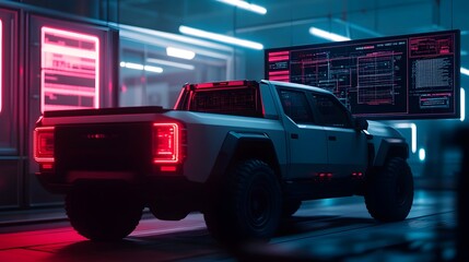 Fototapeta premium A futuristic robot mechanic is shown repairing a high tech cybertruck surrounded by floating holographic digital blueprints and moody neon accented lighting