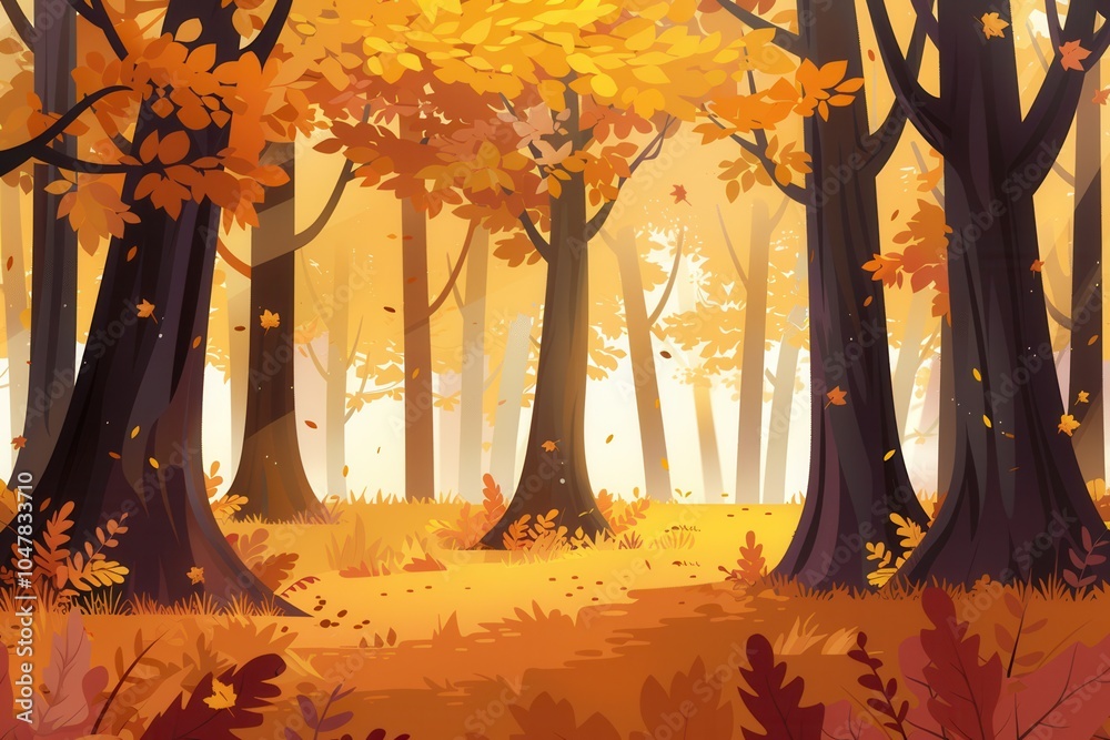 Aufkleber The forest glows with brilliant autumn leaves, creating a serene atmosphere as soft sunlight filters through the tall trees. Generative AI