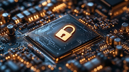 3D rendering of an icon on a chip with a padlock symbol floating over a computer circuit board background