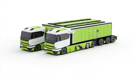 Electric truck fleet with green branding, showcasing renewable energy-powered logistics, isolated on white background