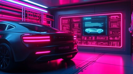Futuristic automotive repair robot utilizing advanced laser tools to efficiently service and maintain electric vehicles in a high tech holographic enhanced garage setting