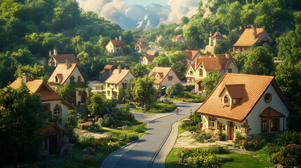 Naklejka premium Peaceful Village Scene Featuring Winding Streets and Quaint Cottages at Sunset